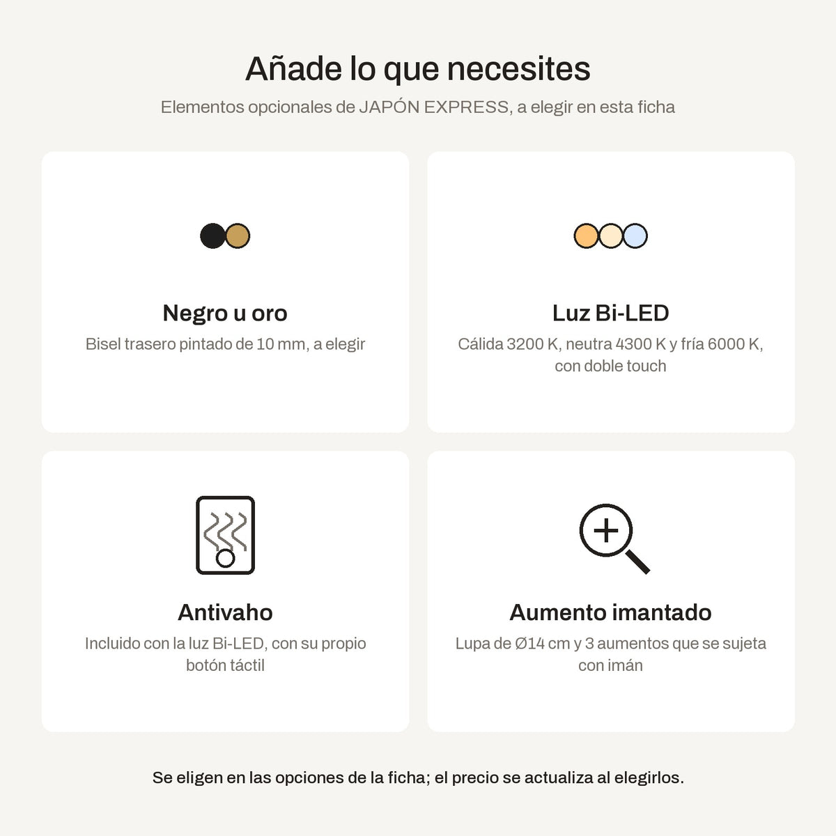 Opciones del espejo JAPÓN EXPRESS: bisel negro u oro, luz Bi-LED con doble touch, antivaho y espejo de aumento imantado