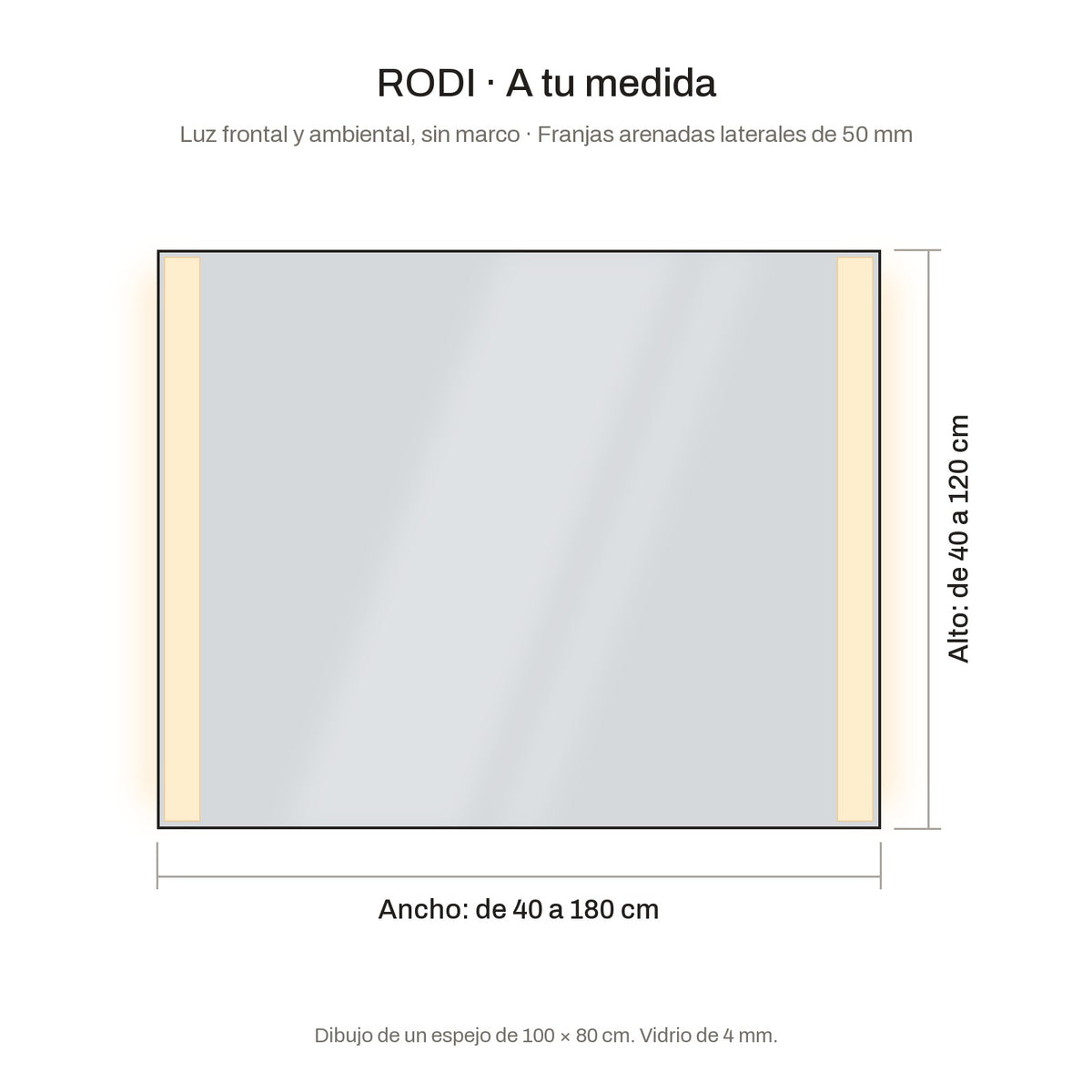 Plano del espejo RODI a medida: de 40 a 180 cm de ancho y de 40 a 120 cm de alto, con franjas laterales de 50 mm de luz frontal y luz ambiental
