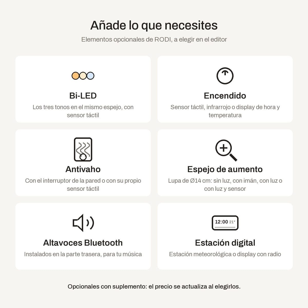 Elementos opcionales del espejo RODI: Bi-LED, sensor de encendido, antivaho, espejo de aumento, altavoces Bluetooth y estación digital