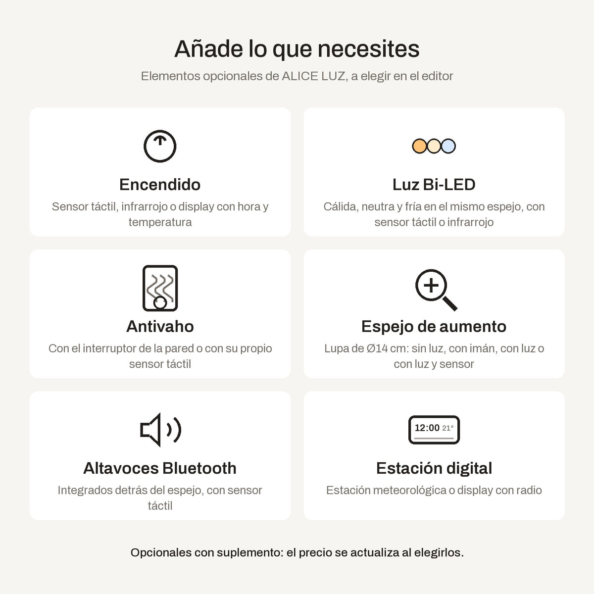 Elementos opcionales del espejo ALICE LUZ: encendido con sensor, luz Bi-LED, antivaho, espejo de aumento, altavoces Bluetooth y estación digital
