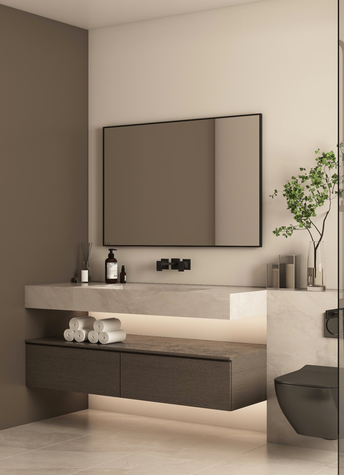 Espejo ALUMINIUM rectangular con marco negro, apagado, sobre un lavabo suspendido de piedra