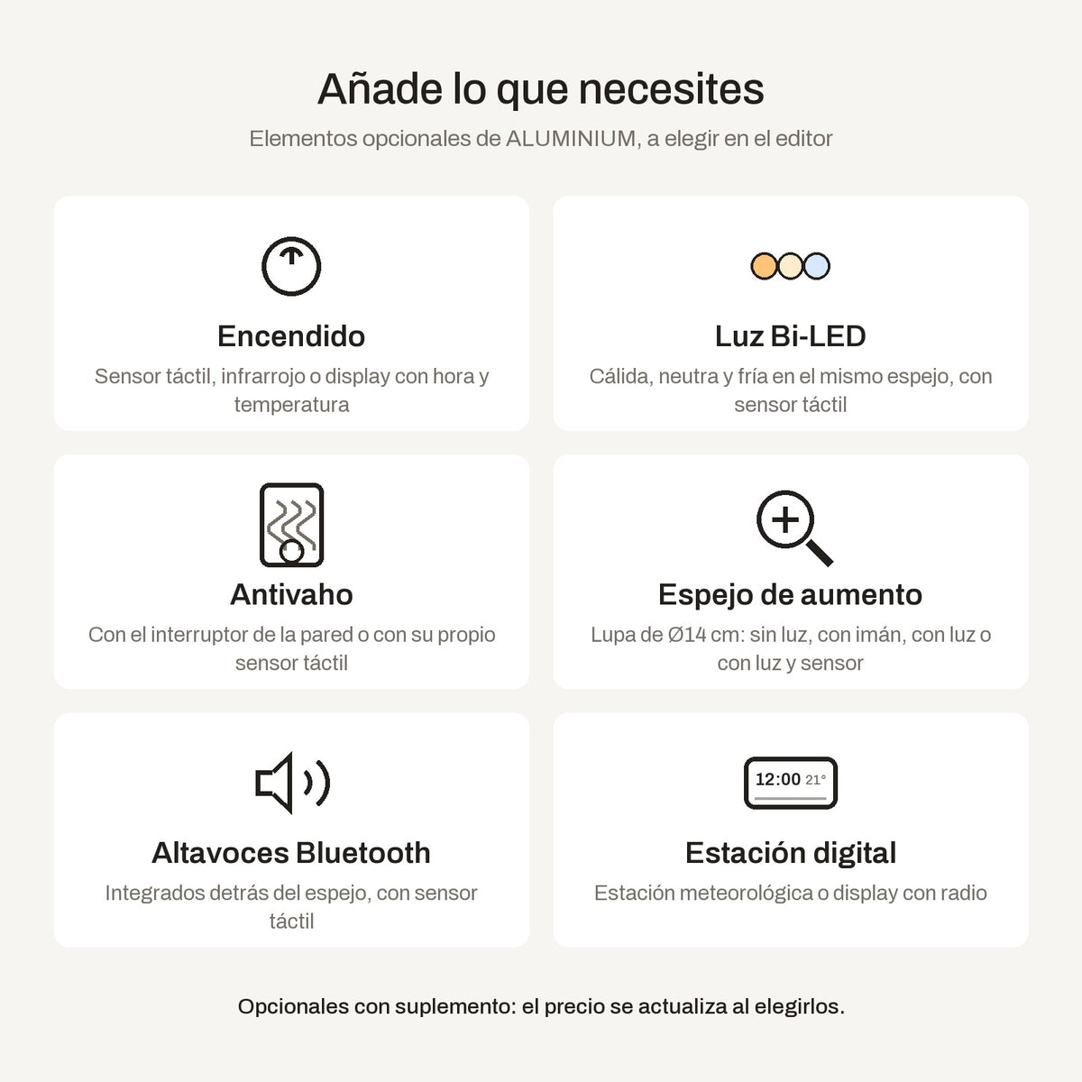 Elementos opcionales del espejo ALUMINIUM: encendido con sensor, luz Bi-LED, antivaho, espejo de aumento, altavoces Bluetooth y estación digital