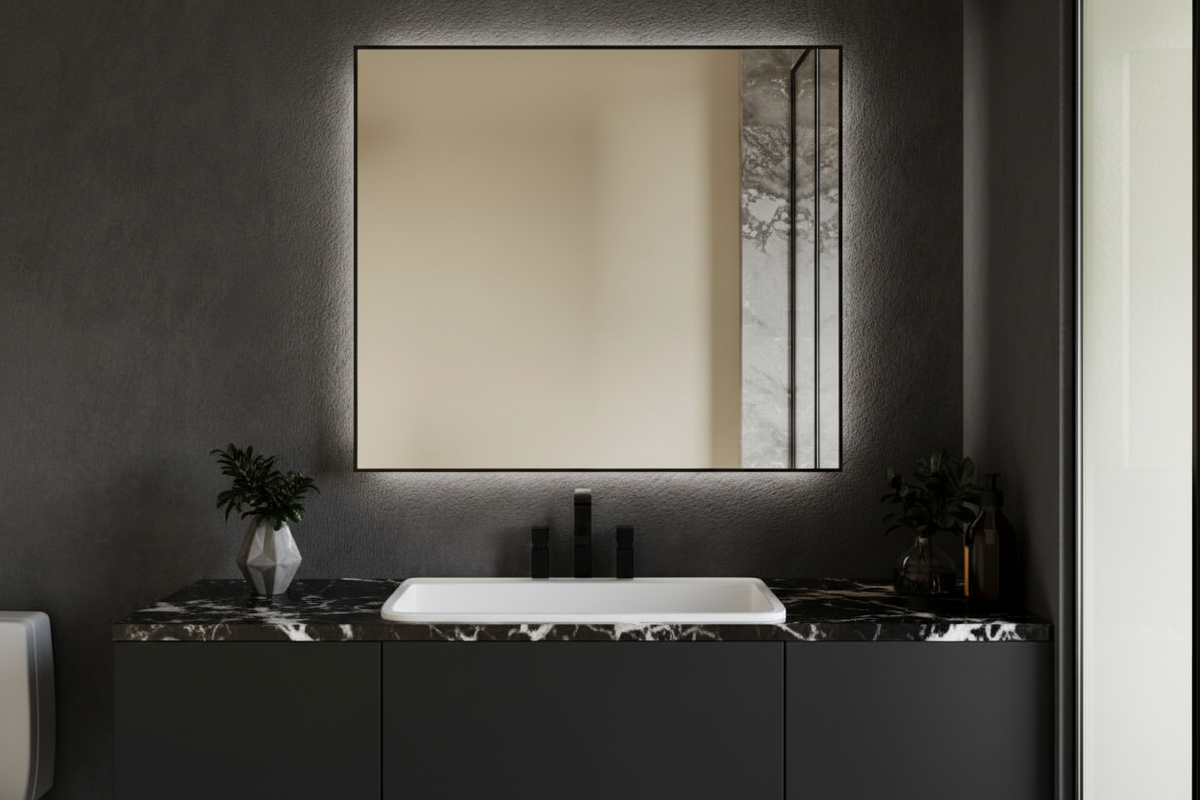 Espejo ALUMINIUM con marco negro y halo de luz sobre un lavabo de encimera de mármol oscuro