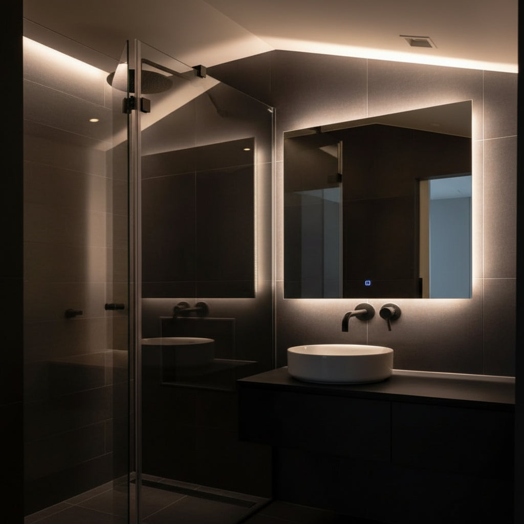 Espejo LED BIDENS retroiluminado en baño con ducha de obra, madera y lavabo redondo