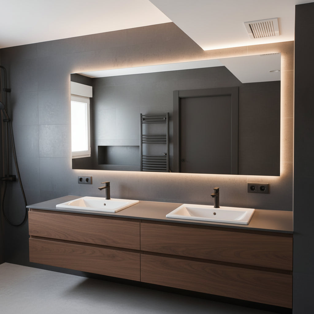 Espejo LED BIDENS retroiluminado en baño de mármol con lavabo doble y toallero