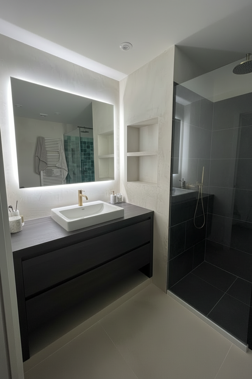Espejo LED BIDENS retroiluminado en baño rústico con encimera de madera y azulejo verde