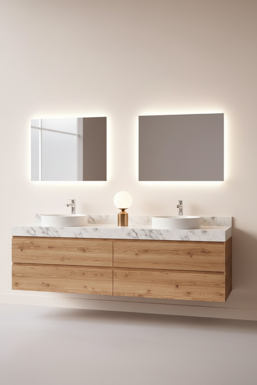 Dos espejos LED BIDENS retroiluminados sobre mueble de madera con doble lavabo