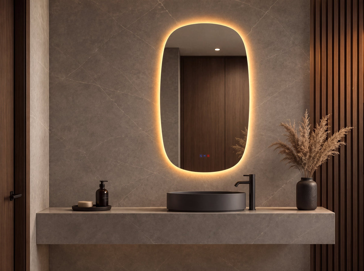 Espejo de forma orgánica WIN LUXE de 60 × 100 cm con luz LED retroiluminada en un baño