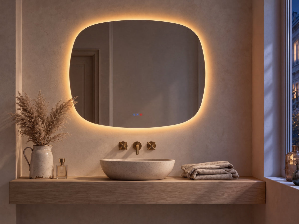 Espejo de forma orgánica WIN LUXE de 100 × 80 cm con luz cálida (2700 K) en un baño