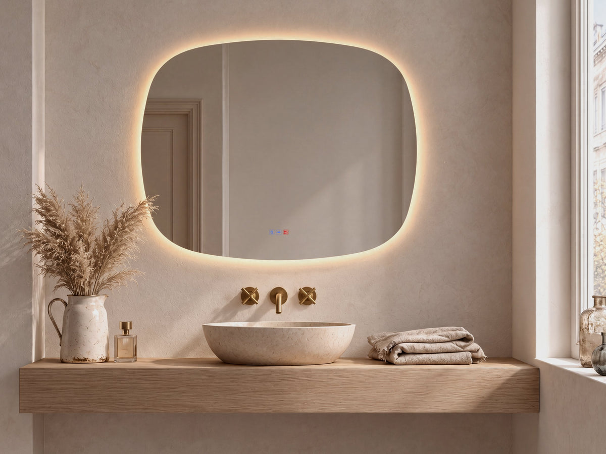 Espejo de forma orgánica WIN LUXE de 100 × 80 cm con luz neutra (4000 K) en un baño