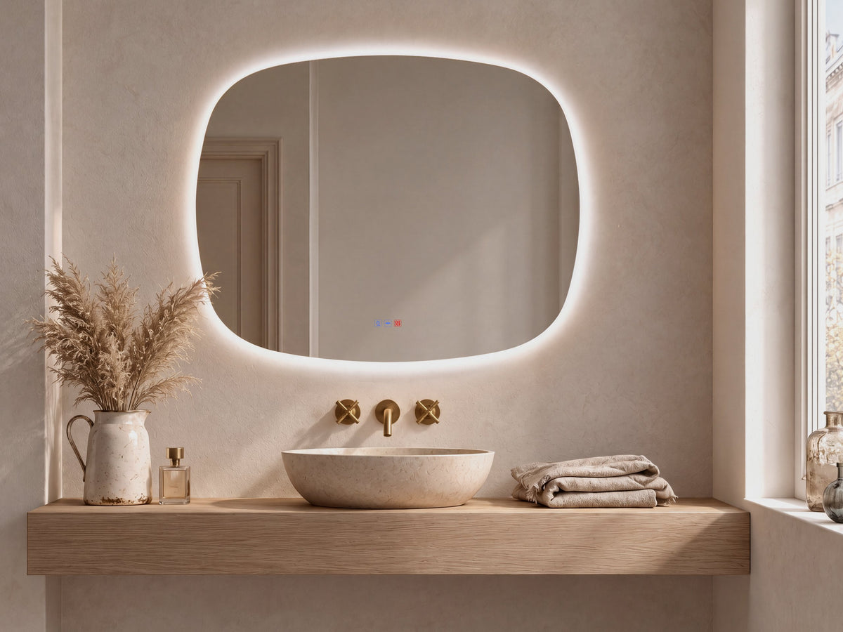 Espejo de forma orgánica WIN LUXE de 100 × 80 cm con luz fría (6000 K) en un baño