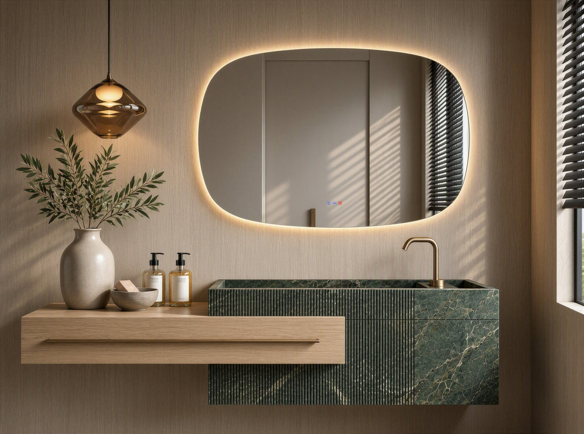 Espejo de forma orgánica WIN LUXE de 120 × 80 cm con luz LED retroiluminada en un baño