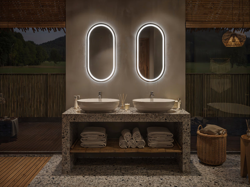 Espejo de baño con luz LED ovalado a medida, con luz frontal y ambiental · Modelo BRANOX