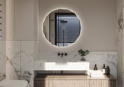 Espejo de baño con luz LED redondo a medida con arenado poligonal y luz frontal y ambiental · Modelo CIRCON [config]