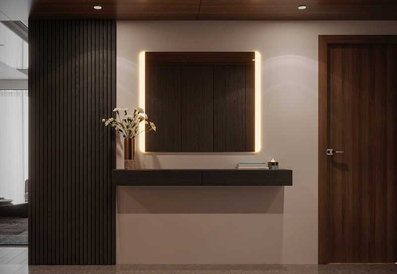 Espejo de baño con luz LED rectangular a medida, con luz frontal y ambiental · Modelo DARION