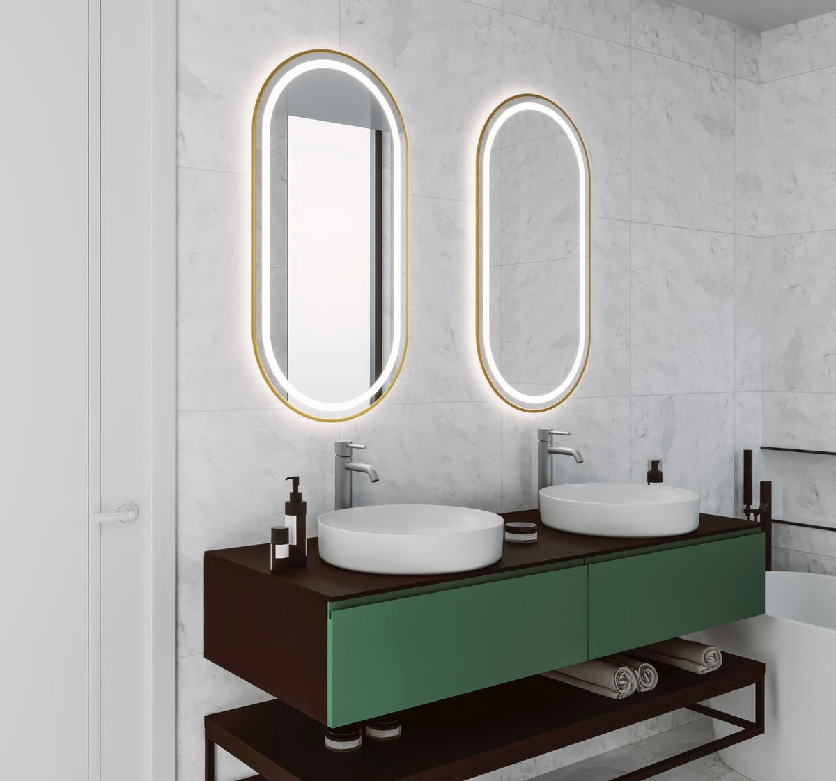 Espejo de baño con luz LED ovalado a medida, con luz frontal y ambiental · Modelo DELTRIX [config]