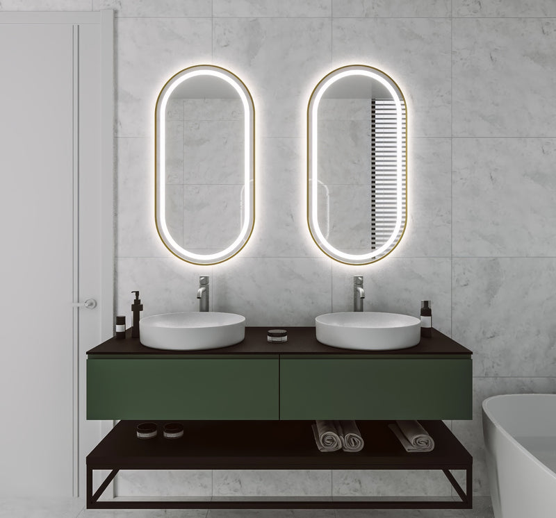 Espejo de baño con luz LED ovalado a medida, con luz frontal y ambiental · Modelo DELTRIX