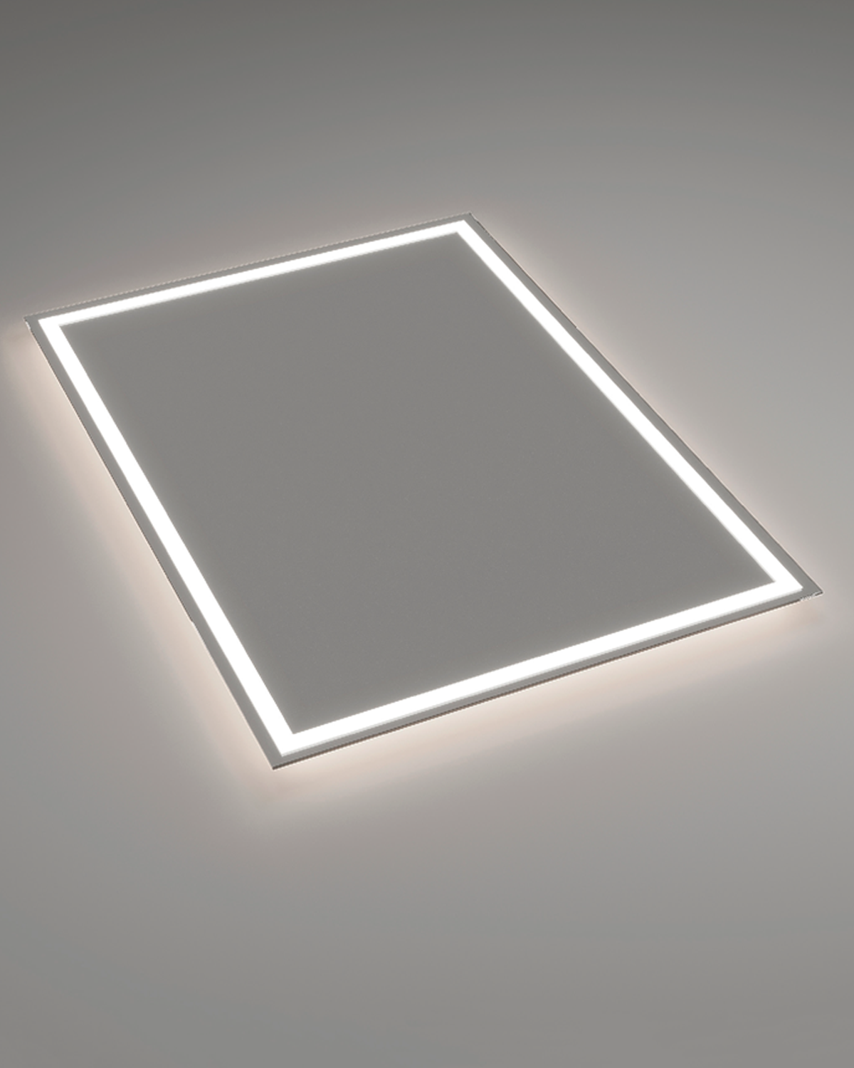 Espejo FRANCIA encendido sobre fondo gris: franja arenada de luz frontal y retroiluminación sin marco
