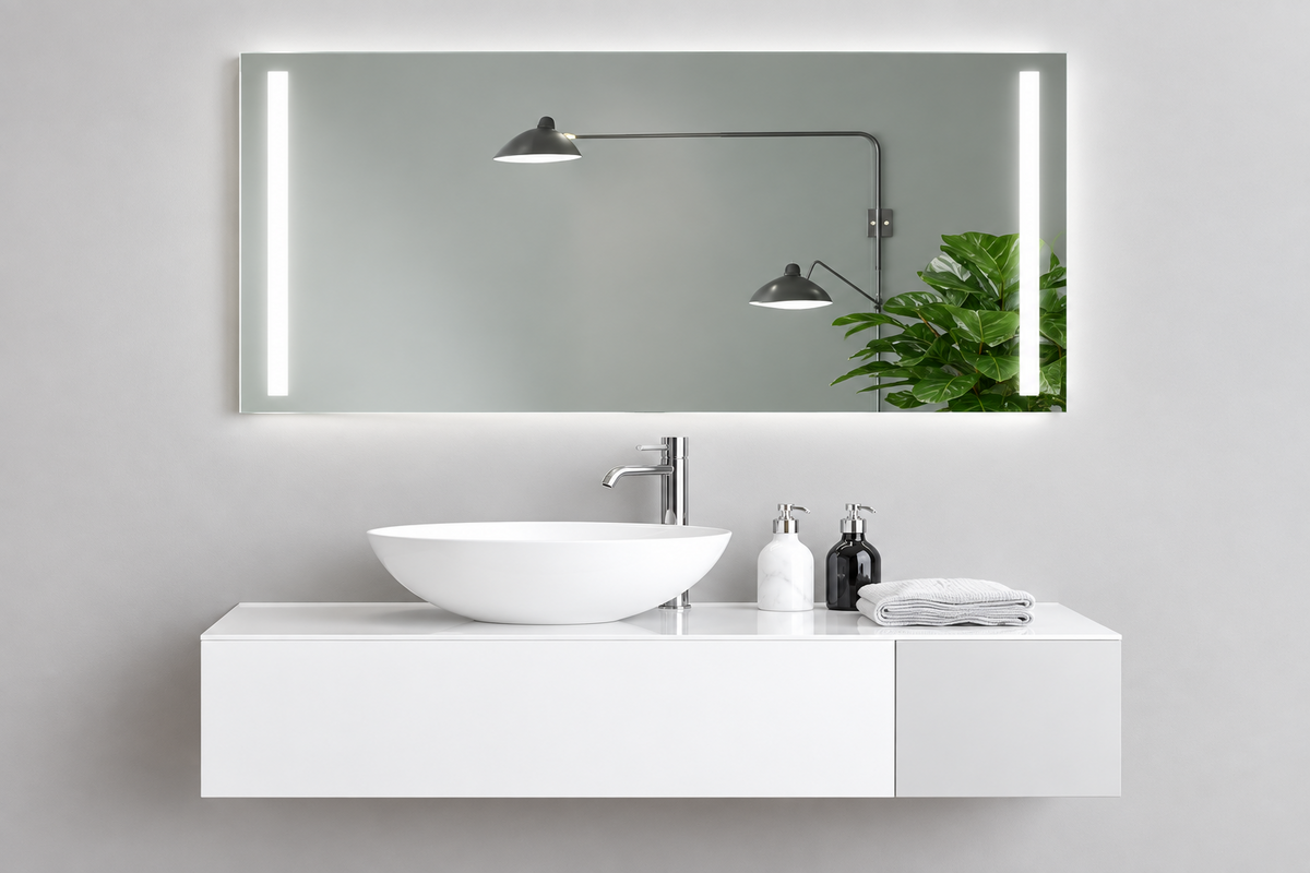 Espejo rectangular HERA con franjas de luz frontal laterales sobre un mueble blanco con lavabo sobre encimera