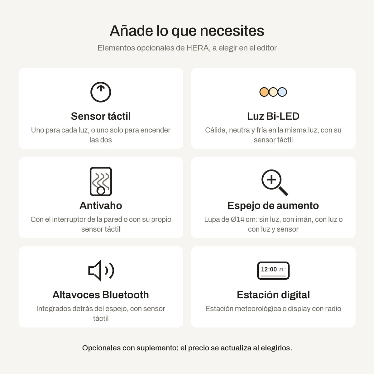 Elementos opcionales del espejo HERA en el editor: sensor táctil para cada luz, luz Bi-LED, antivaho, espejo de aumento, altavoces Bluetooth y estación digital
