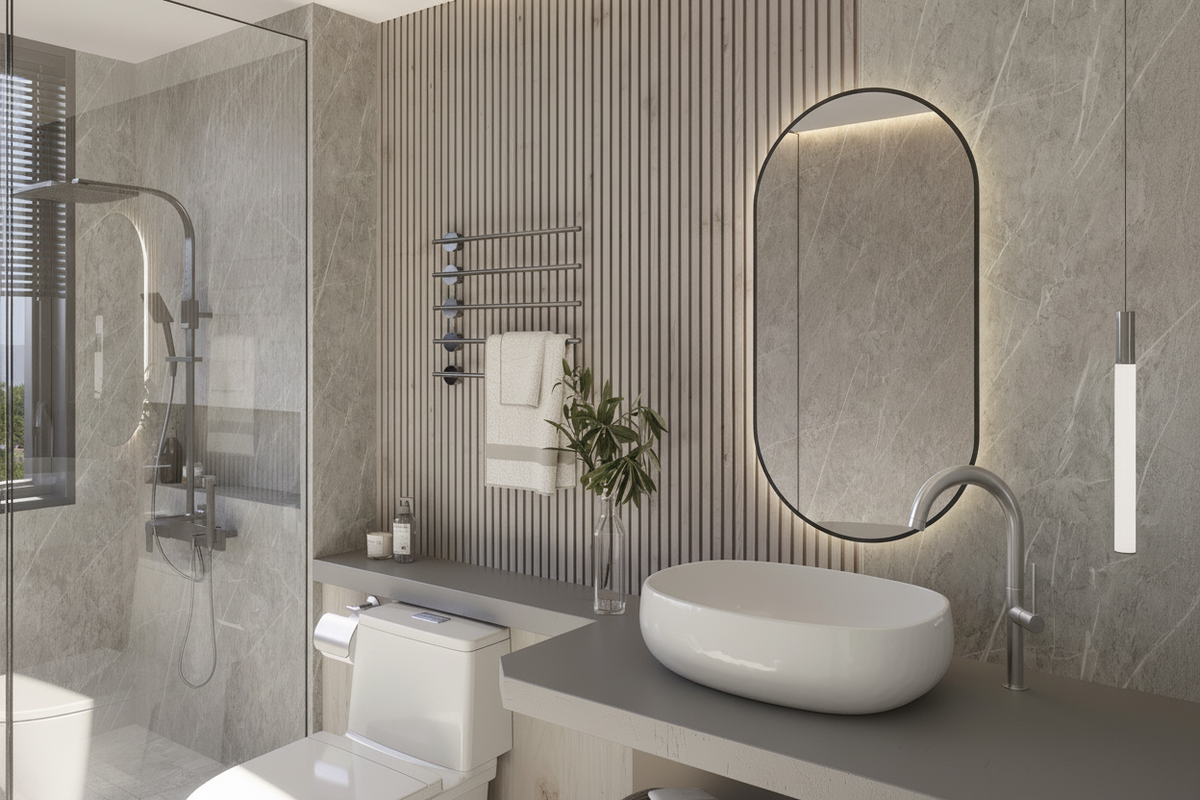 Espejo JAPÓN EXPRESS con bisel negro y luz retroiluminada en un baño con ducha y pared de listones