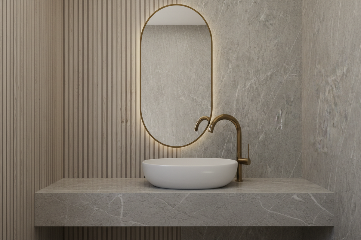 Espejo ovalado JAPÓN EXPRESS con bisel dorado y luz retroiluminada sobre un lavabo blanco con grifo dorado