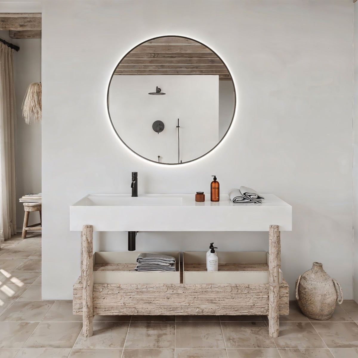 Espejo de baño con luz LED redondo, retroiluminado · Modelo LUNIX [config]