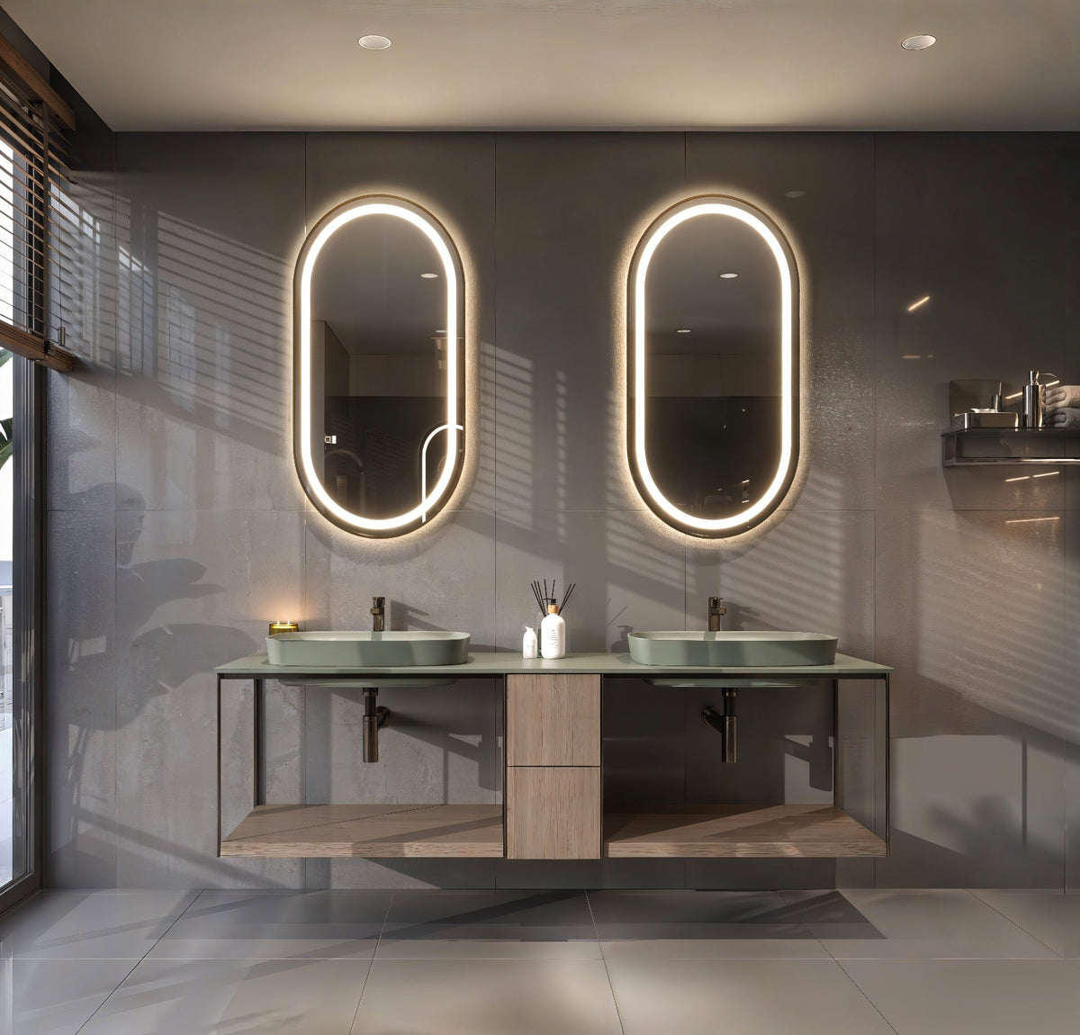 Espejo de baño con luz LED ovalado, con luz frontal y ambiental · Modelo LUVAR [config]