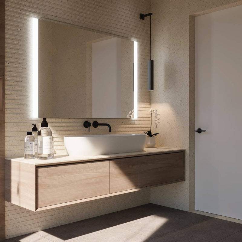 Espejo de baño con luz LED rectangular a medida, con luz frontal y ambiental · Modelo RODI