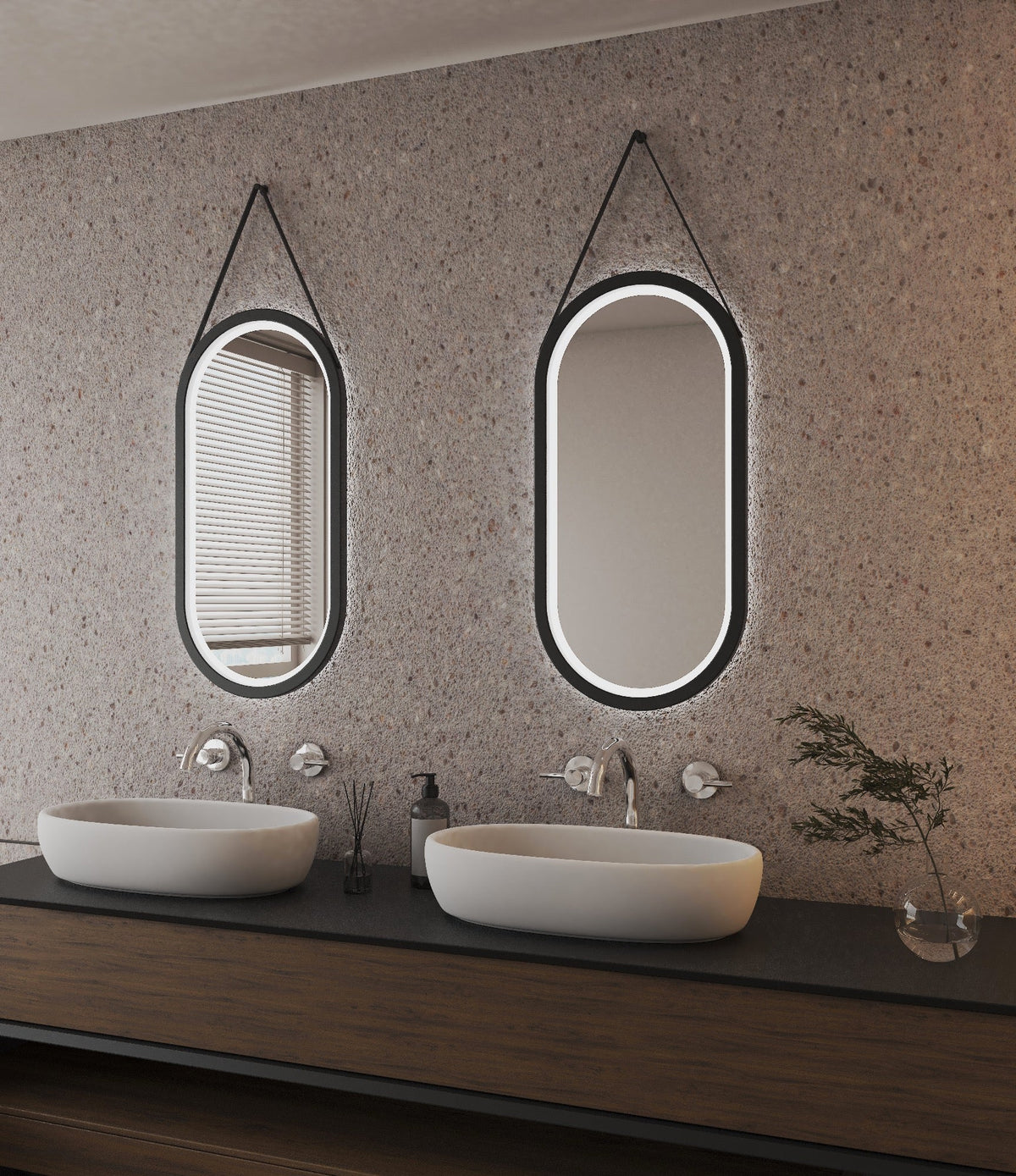 Espejo de baño con luz LED ovalado, con luz frontal y ambiental · Modelo MARTINA [config]