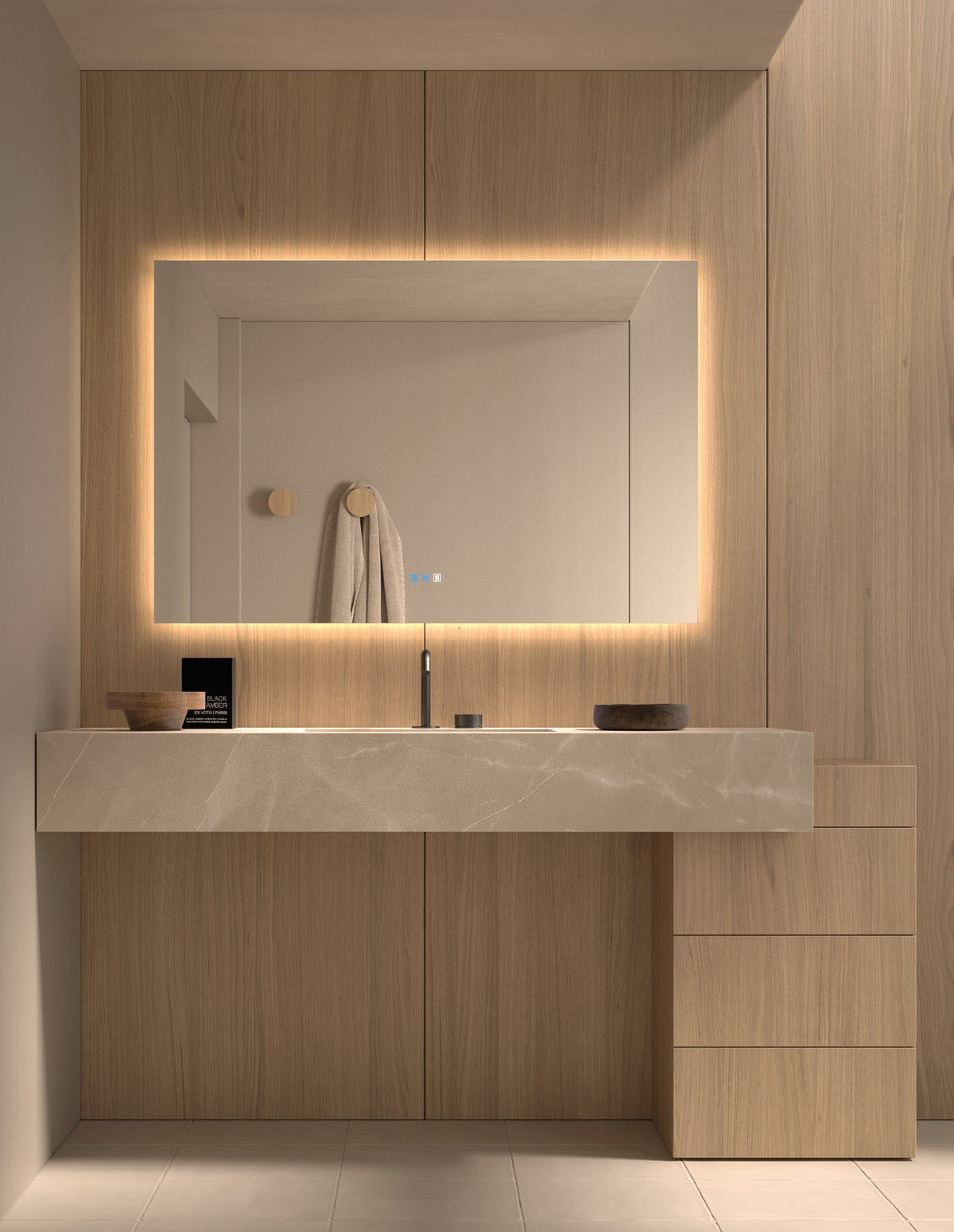Baño con el espejo rectangular Mérida con luz LED y halo de luz continua