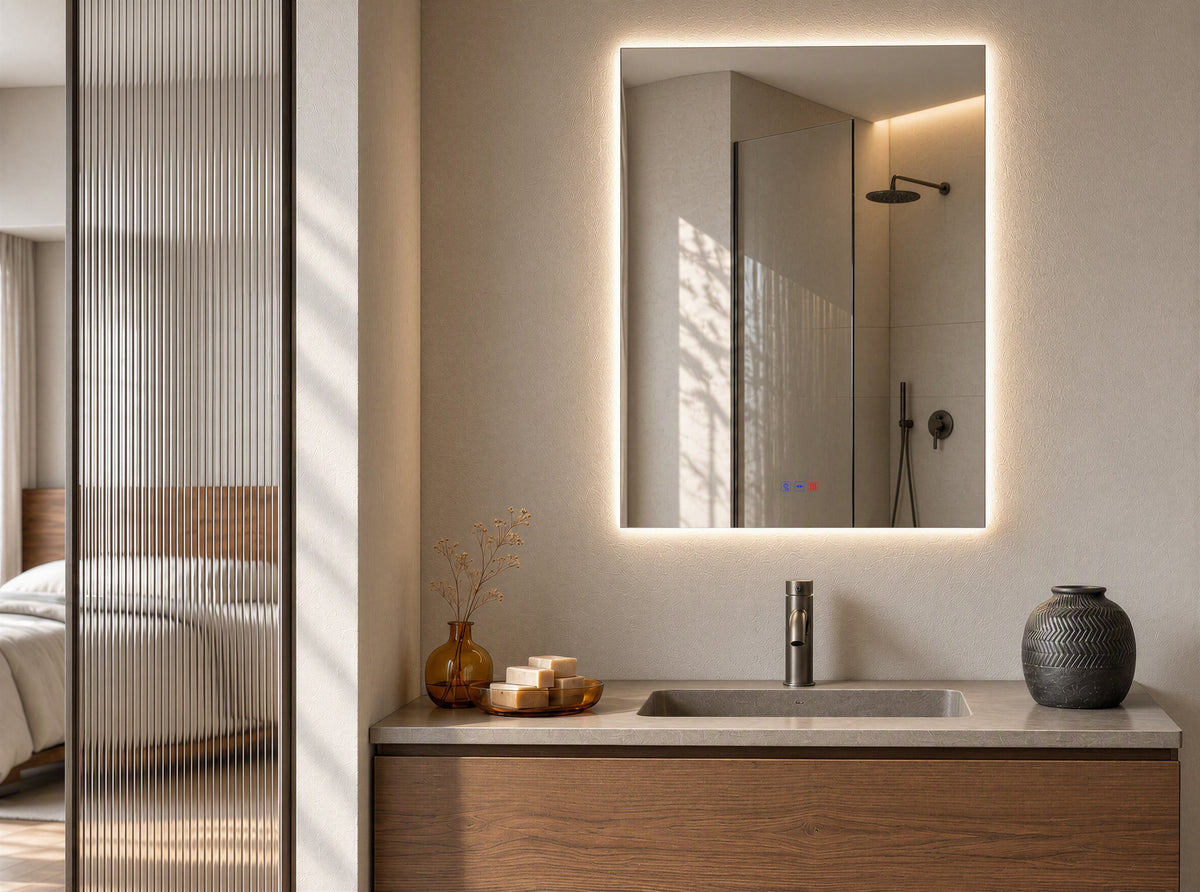 Espejo rectangular BIDENS LUXE de 60 × 80 cm con luz LED retroiluminada en un baño