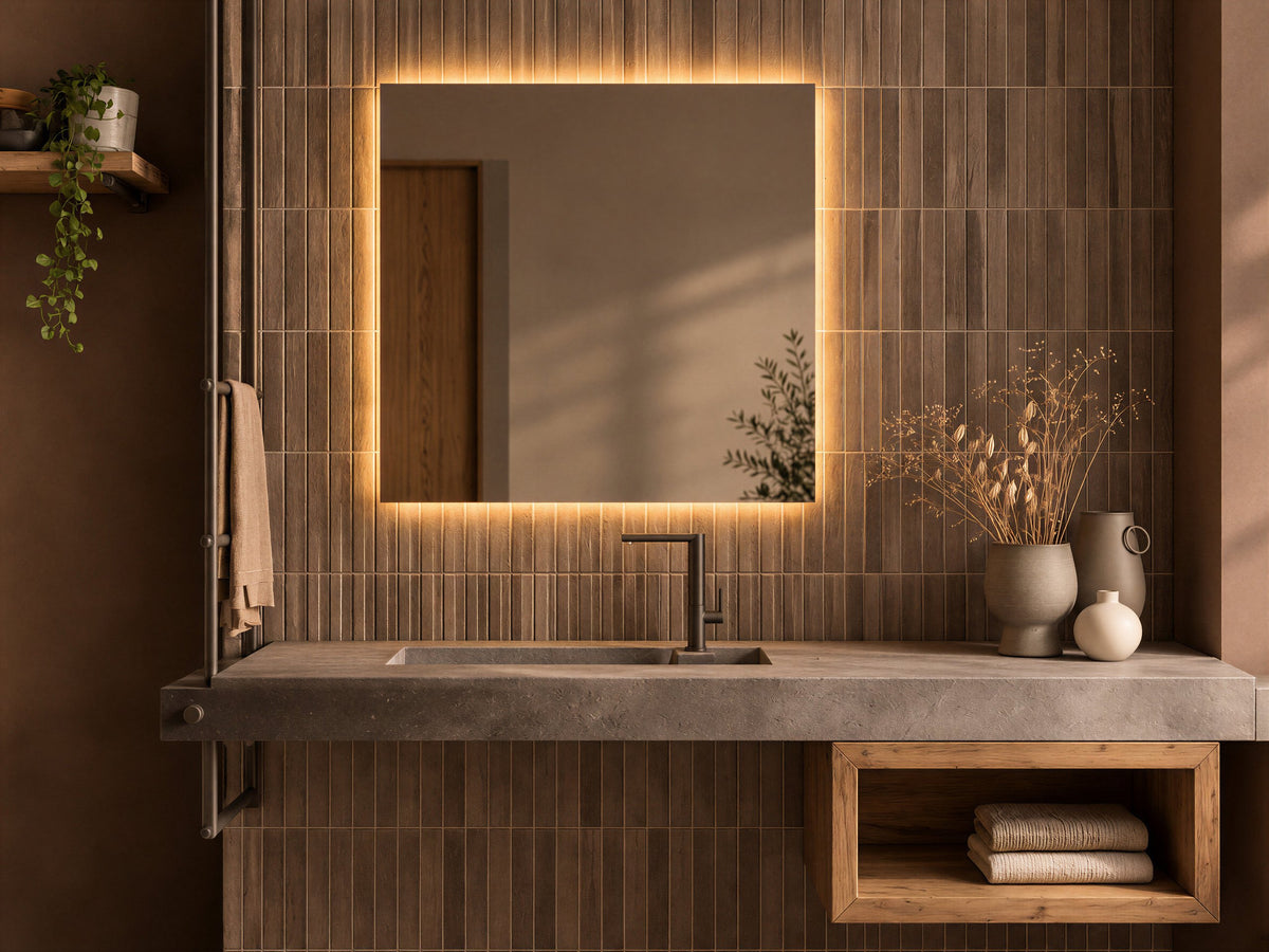 Espejo rectangular BIDENS LUXE de 80 × 80 cm con luz cálida (2700 K) en un baño