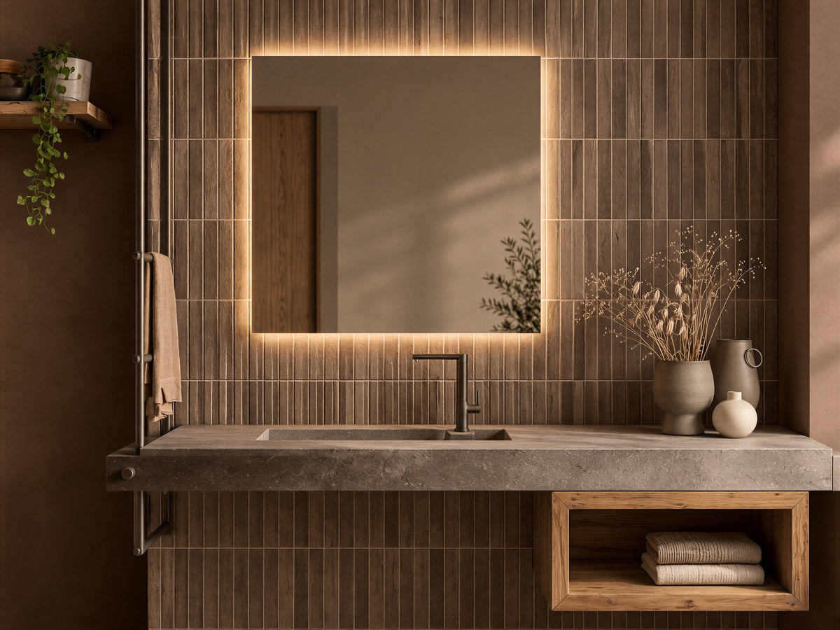Espejo rectangular BIDENS LUXE de 80 × 80 cm con luz neutra (4000 K) en un baño