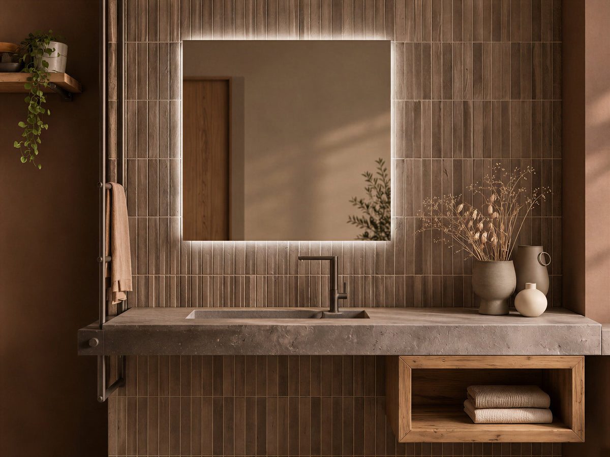Espejo rectangular BIDENS LUXE de 80 × 80 cm con luz fría (6000 K) en un baño