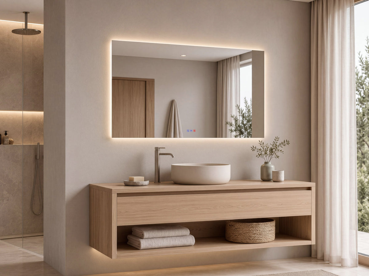 Espejo rectangular BIDENS LUXE de 120 × 80 cm con luz fría (6000 K) en un baño