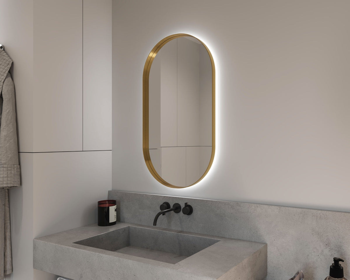 Espejo de baño con luz LED ovalado, retroiluminado · Modelo MILUS [config]