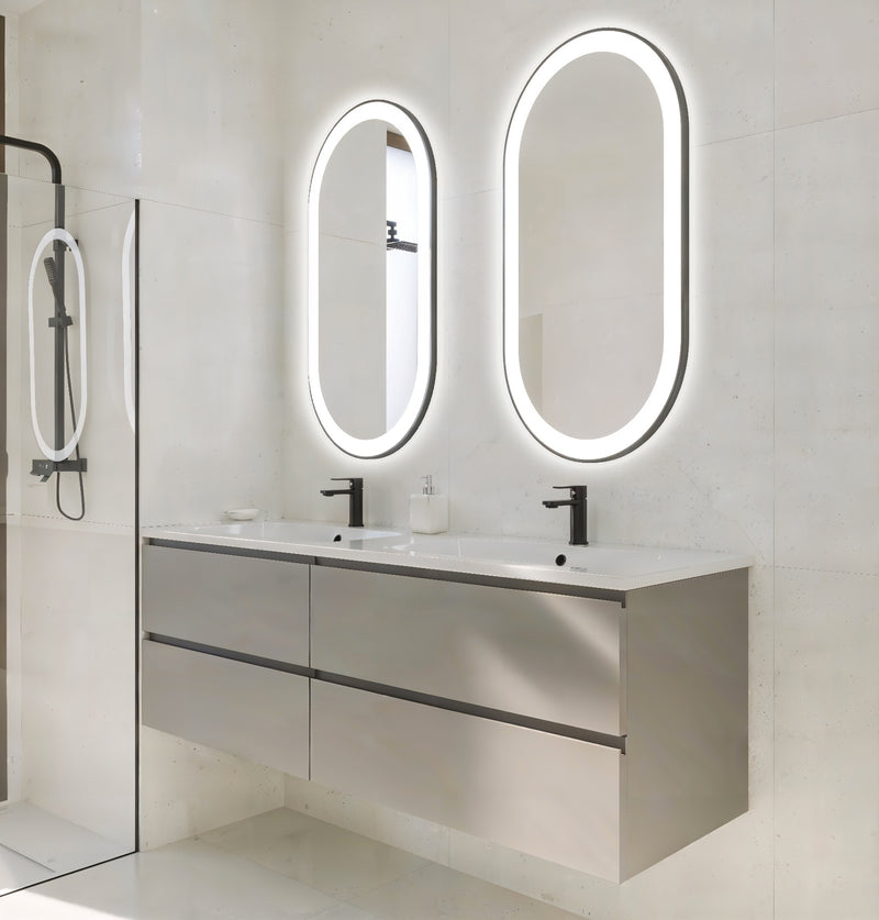 Espejo de baño con luz LED ovalado, con luz frontal y ambiental · Modelo MIRA