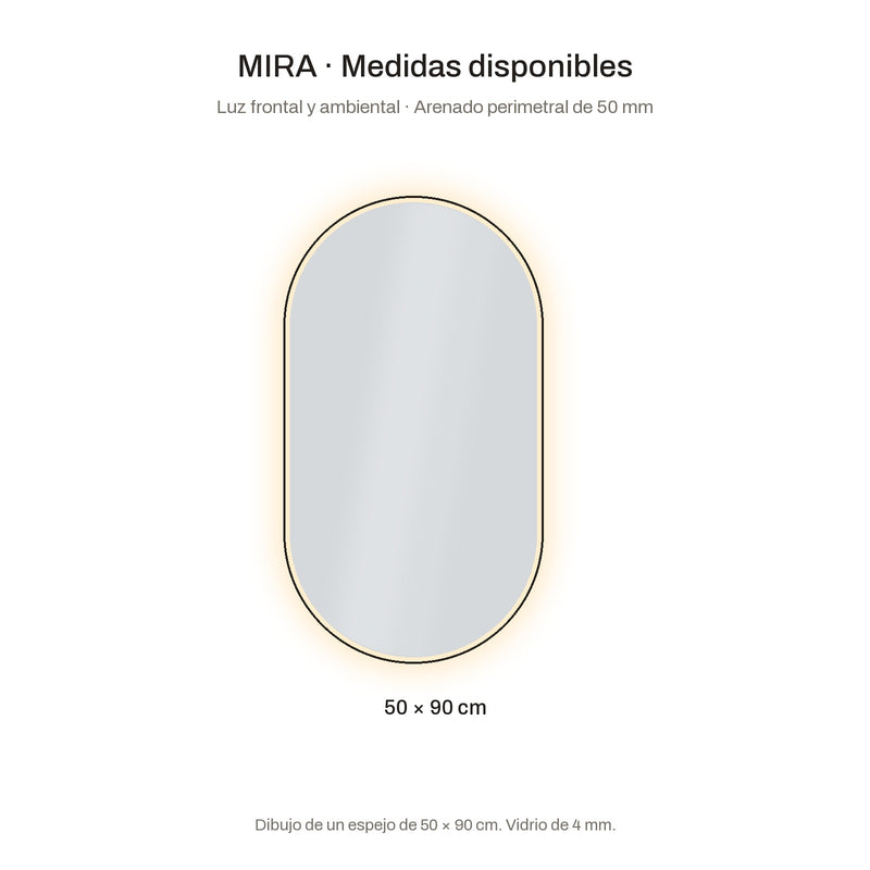 Espejo de baño con luz LED ovalado, con luz frontal y ambiental · Modelo MIRA