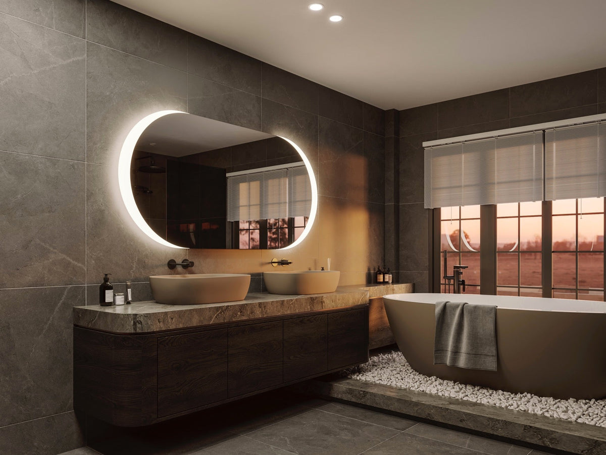 Espejo de baño con luz LED ovalado a medida, con luz frontal y ambiental · Modelo NALA [config]