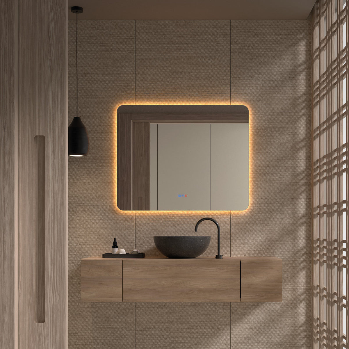 Espejo rectangular de esquinas redondeadas Nasca retroiluminado sobre un lavabo