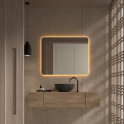 Espejo de baño con luz LED rectangular de esquinas redondeadas retroiluminado · Modelo CLEOME LUXE A MEDIDA [config]