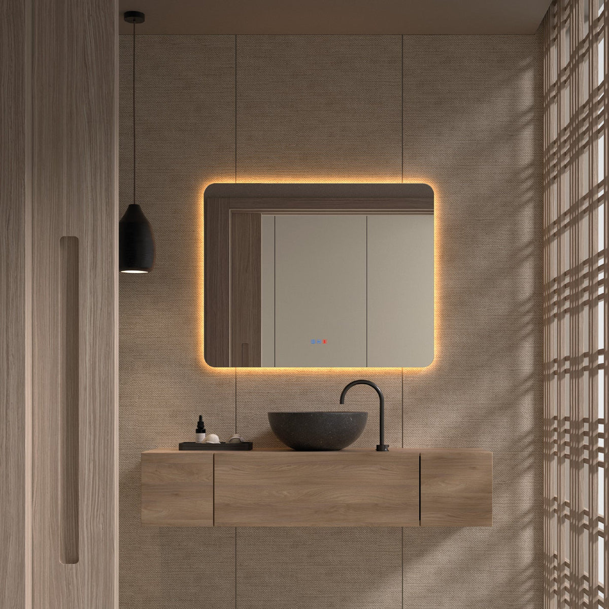 Espejo de baño con luz LED rectangular de esquinas redondeadas retroiluminado · Modelo CLEOME LUXE A MEDIDA [config]