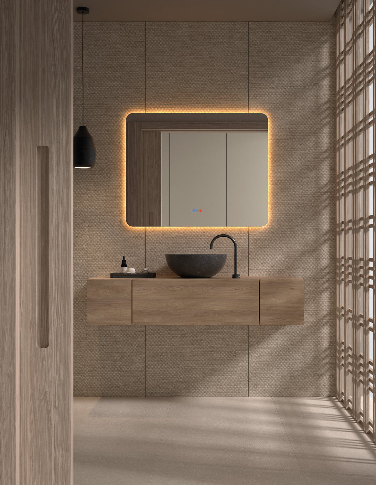 Baño con el espejo Nasca con luz LED y esquinas redondeadas