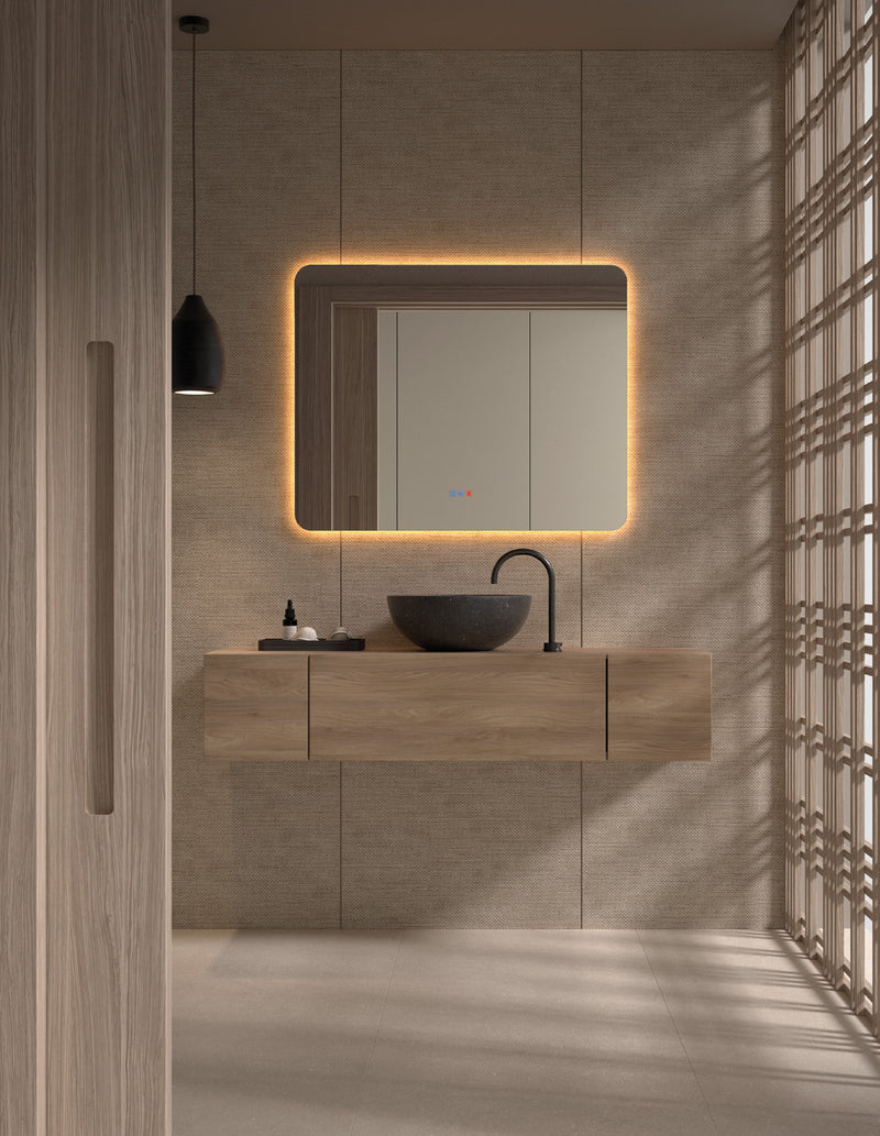 Espejo de baño con luz LED rectangular de esquinas redondeadas retroiluminado listo para enviar · Modelo CLEOME LUXE