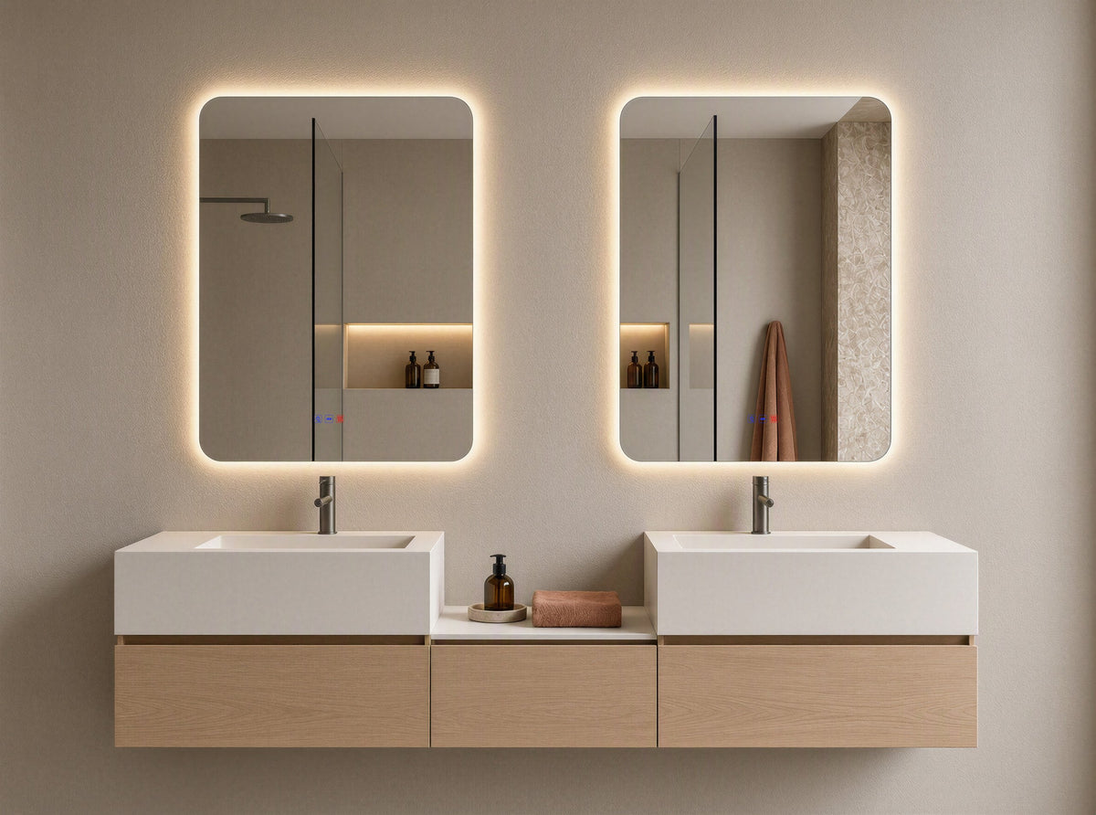 Espejo de esquinas redondeadas CLEOME LUXE de 60 × 80 cm con luz LED retroiluminada en un baño