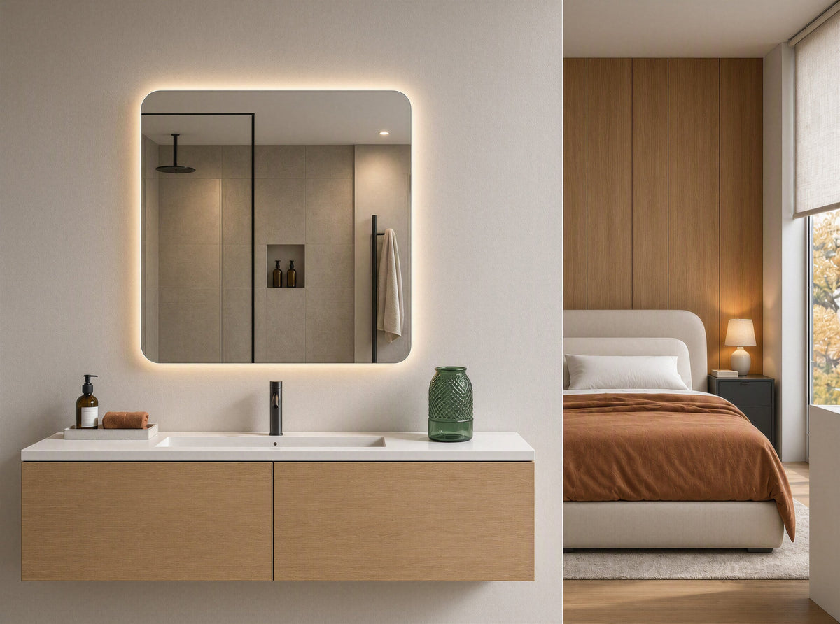 Espejo de esquinas redondeadas CLEOME LUXE de 80 × 80 cm con luz LED retroiluminada en un baño