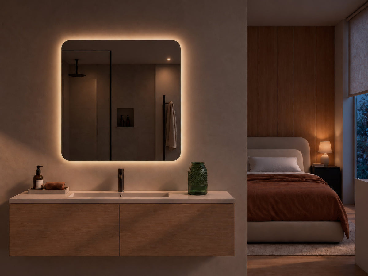 Espejo de esquinas redondeadas CLEOME LUXE de 80 × 80 cm con luz LED retroiluminada en un baño