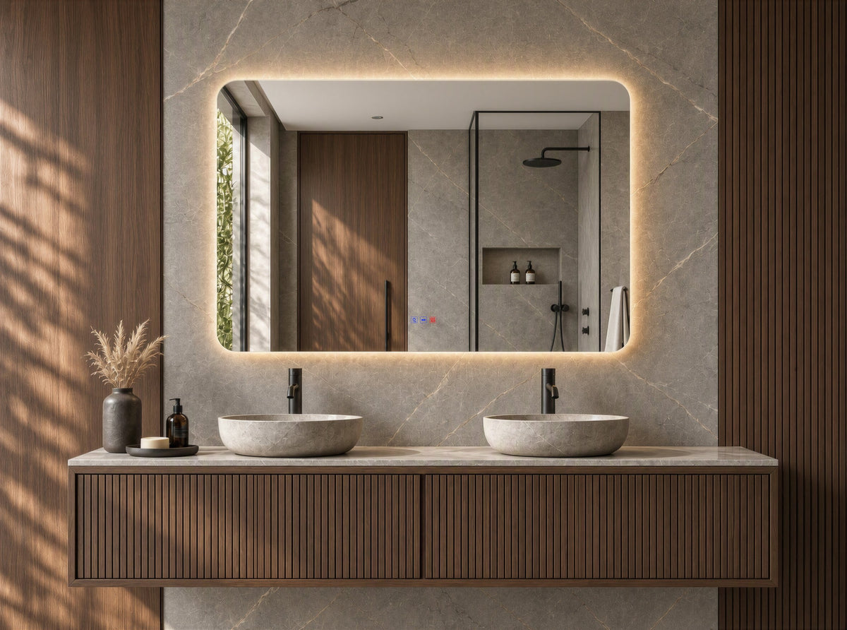 Espejo de esquinas redondeadas CLEOME LUXE de 120 × 80 cm con luz LED retroiluminada en un baño