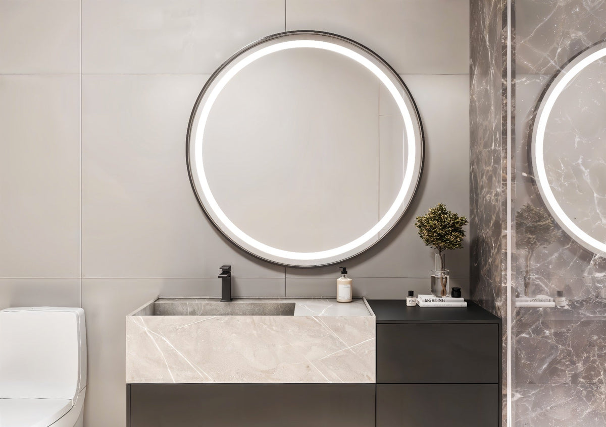 Espejo de baño con luz LED redondo, con luz frontal · Modelo NEPHAL [config]